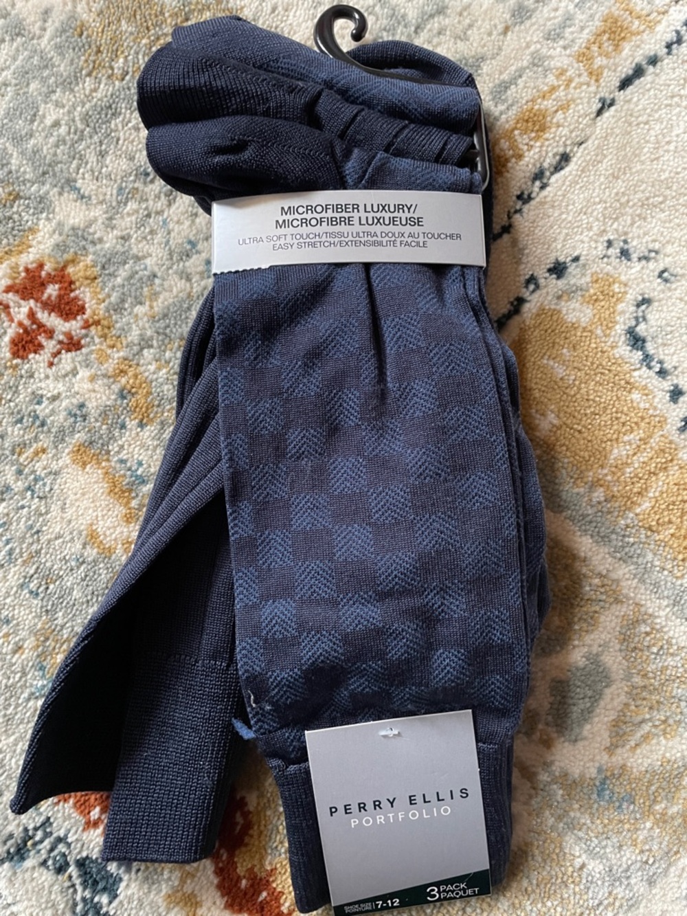 Perry Ellis Navy Check Microfiber Dress Socks - 3 Pack